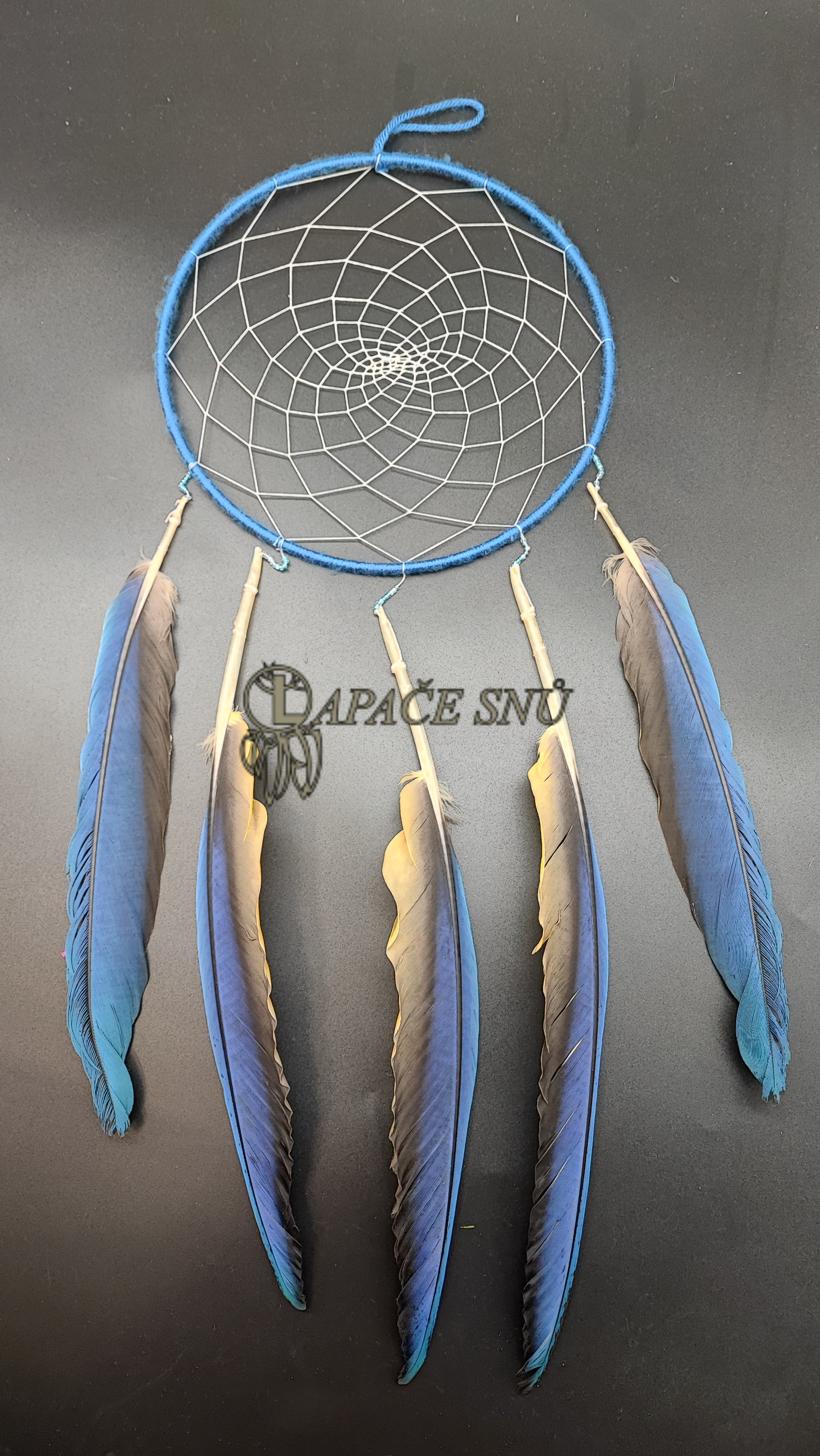 Lapač snů - průměr 20 cm - peří z Ary